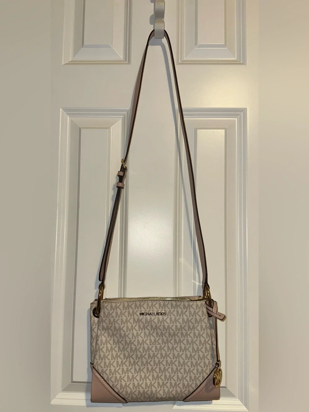 Michael Kors Pink & White MK Logo Crossbody with Gold Hardware
